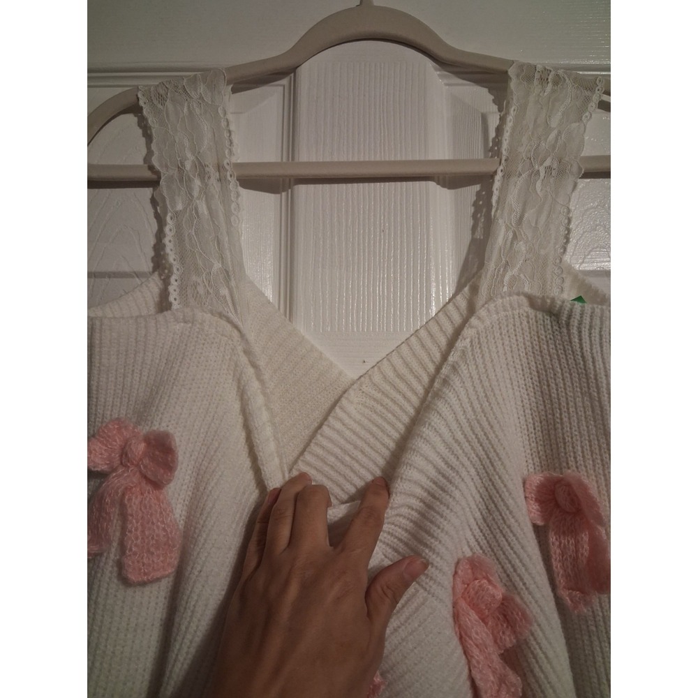 Pink Bow Lace Strap Ivory Knit Sweater Coquette Balletcore Fairycore Womens XL - Picture 5 of 9